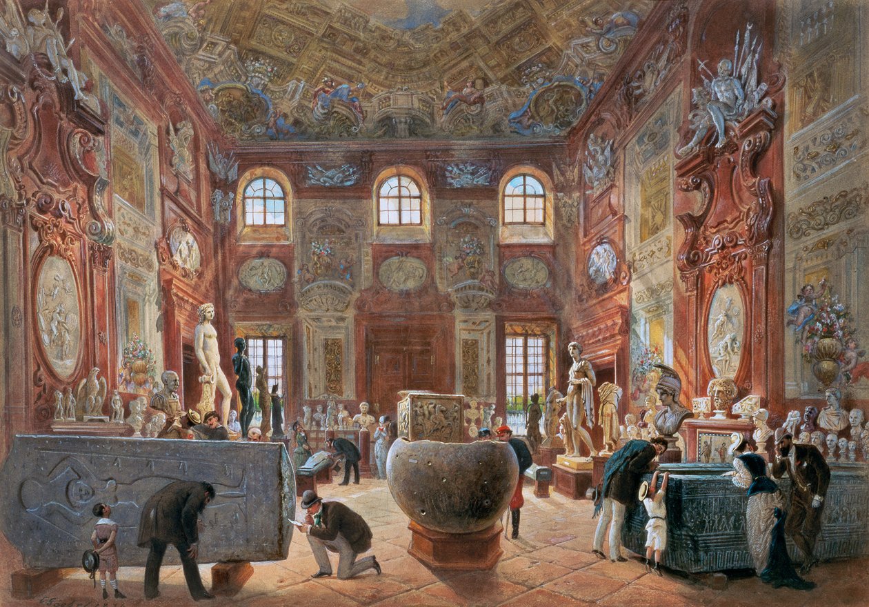 Az Alsó-Belvedere nagy márványterme a régiséggyűjtemény szobraival alkotó: Carl Goebel d. J.