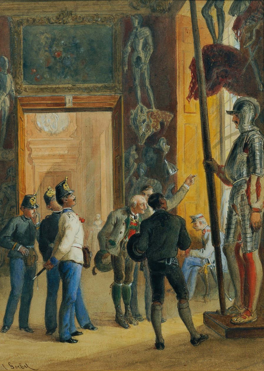 Osztrák tisztek és két tiroli nézik meg az Ambras-gyűjteményt az Alsó-Belvedere-ben alkotó: Carl Goebel d. J.