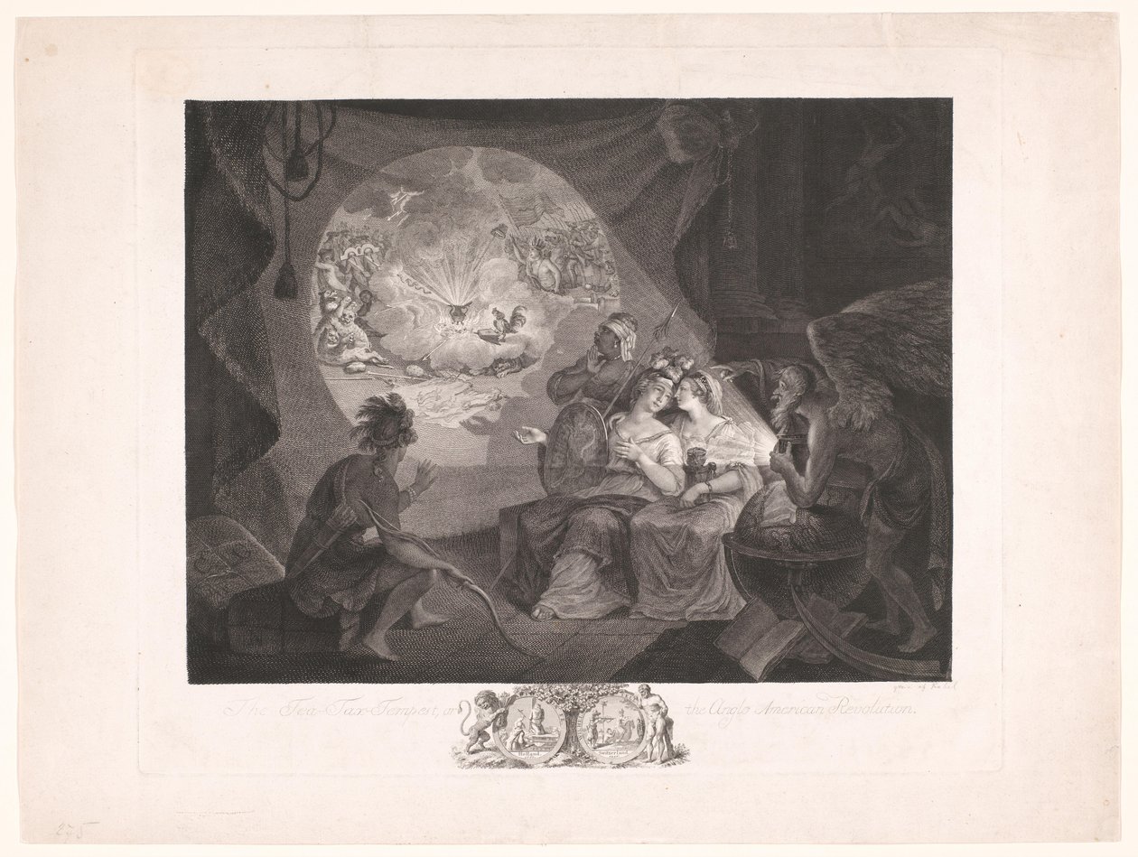 A Tea Party és az amerikai, holland és svájci szabadságharc allegóriája The Tea-Tax-Tempest, vagy az angol-amerikai forradalom (cím a tárgyon) alkotó: Carl Gottlieb Guttenberg