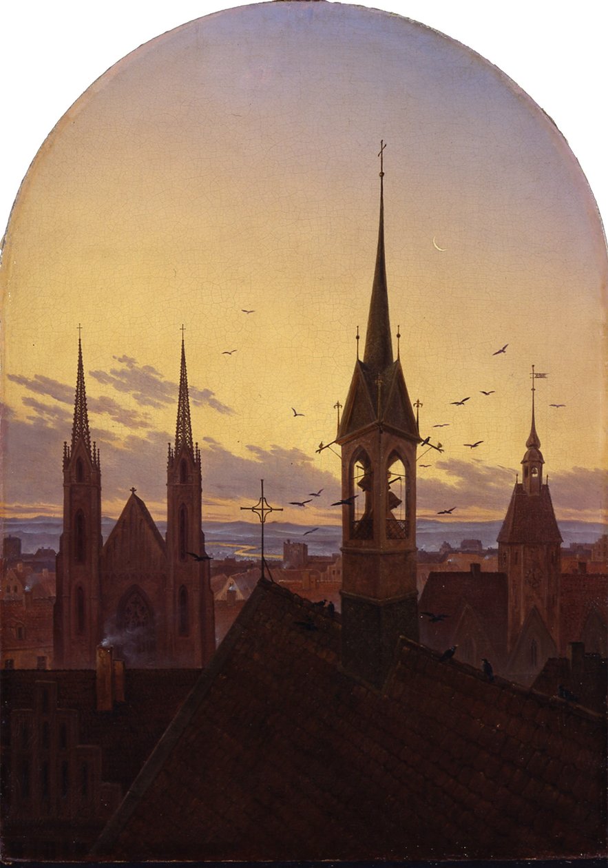 Német: Frühläuten (Altdeutsche Stadt im Frühlicht) Reggeli harangszó (Régi német város a reggeli fényben) alkotó: Carl Gustav Carus