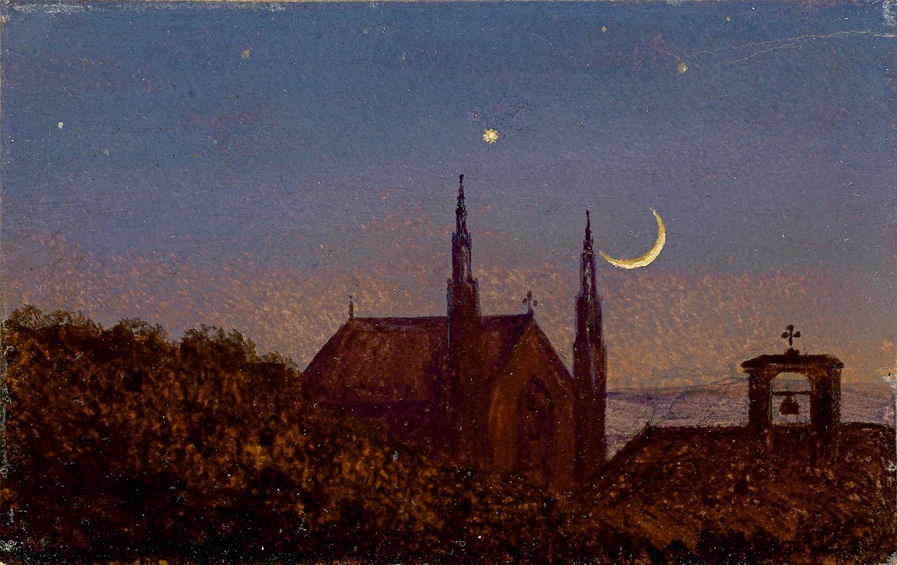 Német: Gothic church above treetops by moonlight (Kis holdfényes táj kis templommal) alkotó: Carl Gustav Carus