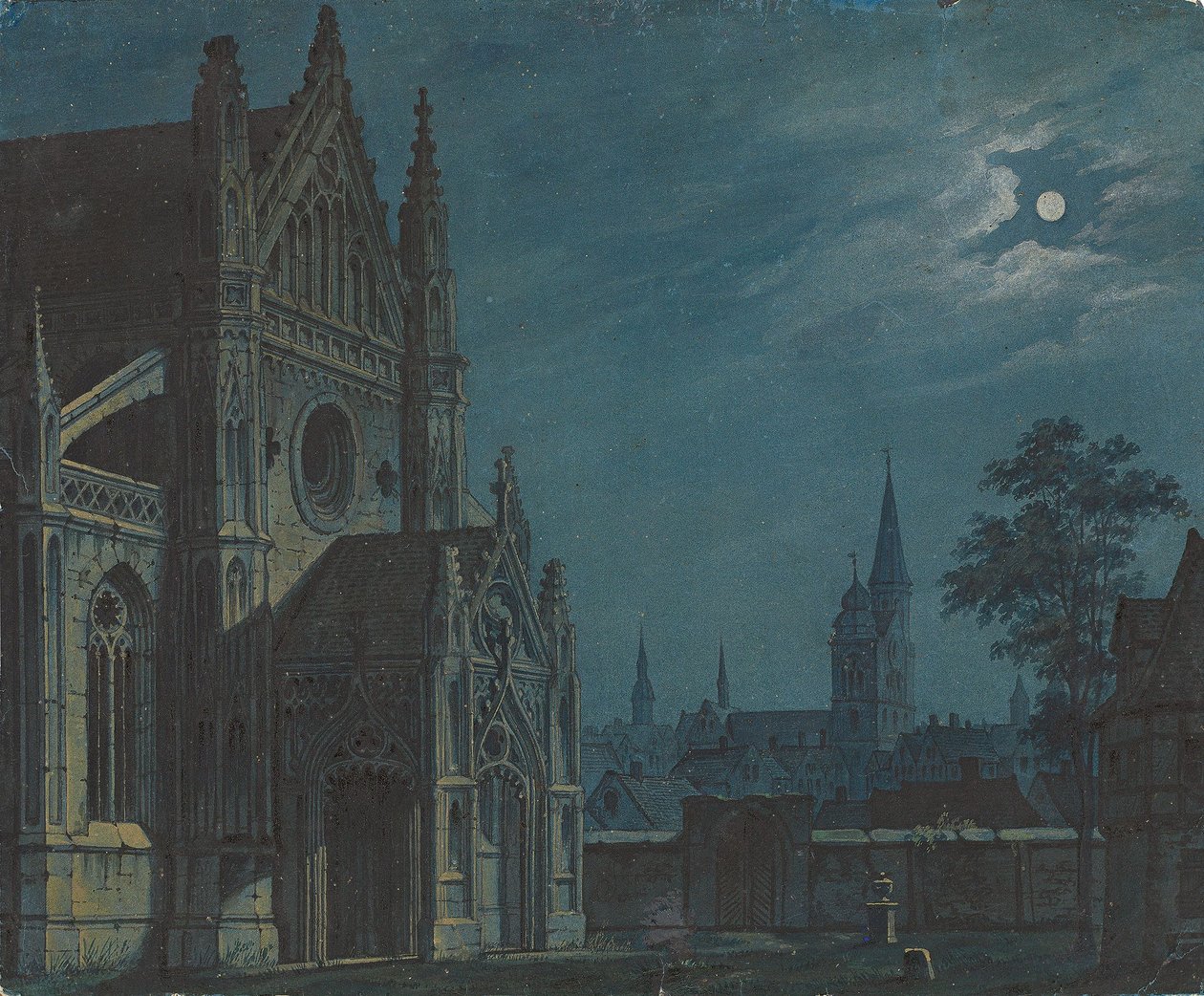 Német: Holdfény egy gótikus templom udvara felett gazdag díszítéssel / Forecourt of a Gothic church by moonlight alkotó: Carl Gustav Carus