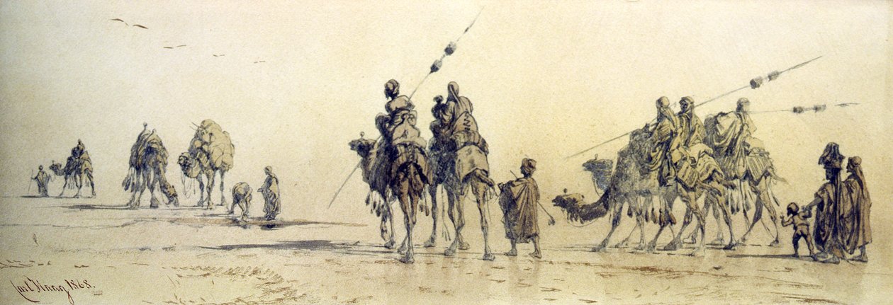 Beduin karaván közelít egy kúthoz a sivatagban, 1868 (ceruza és mosószer papíron) alkotó: Carl Haag