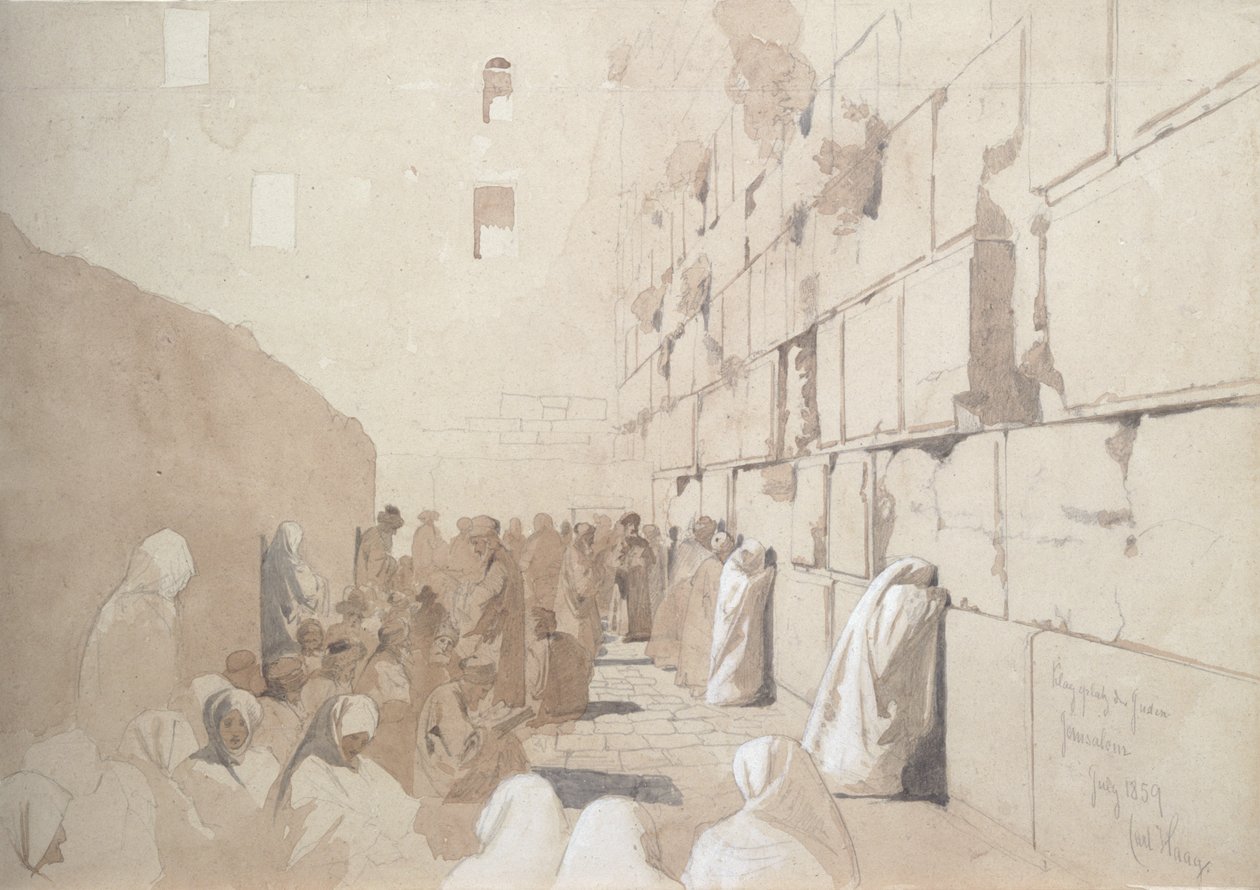 „Am Klageplatz der Juden”, Siratófal Jeruzsálemben, 1869 (papíron fehérrel megerősített ceruza és mosás) alkotó: Carl Haag