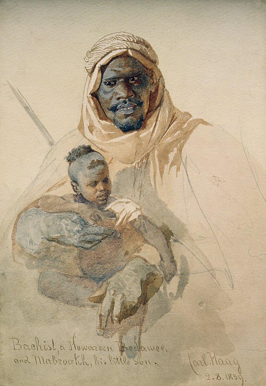 Bachist, egy Howazeen Bedawee és Mabzookh, az ő kisfia, 1859 (ceruza- és WC-mosás papíron) alkotó: Carl Haag