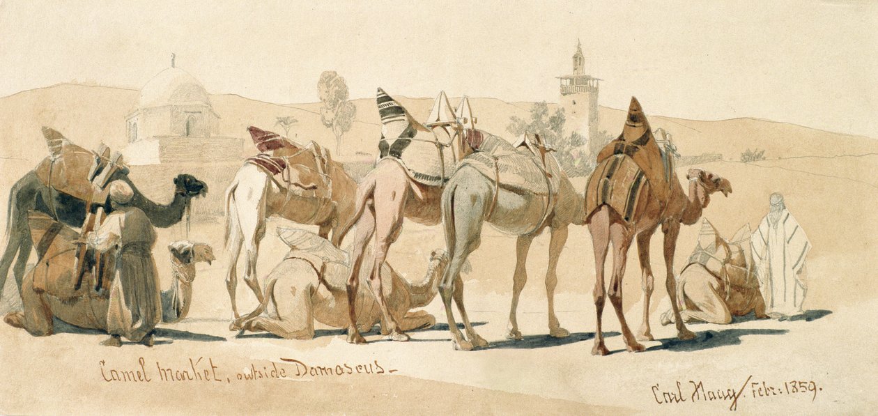 Camel Market Outside Damascus, 1859 (ceruza és tus, papír) alkotó: Carl Haag
