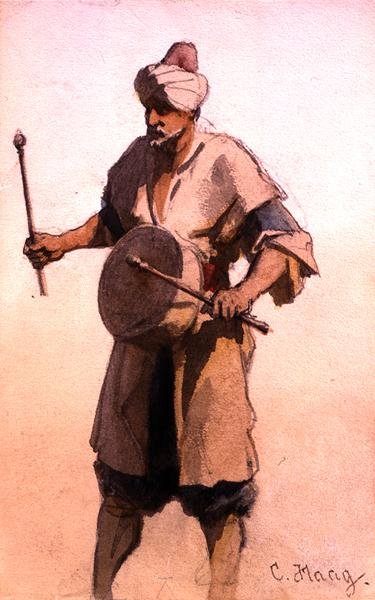 Dobverő a házassági menetben, Kairó (akvarell, papír) alkotó: Carl Haag