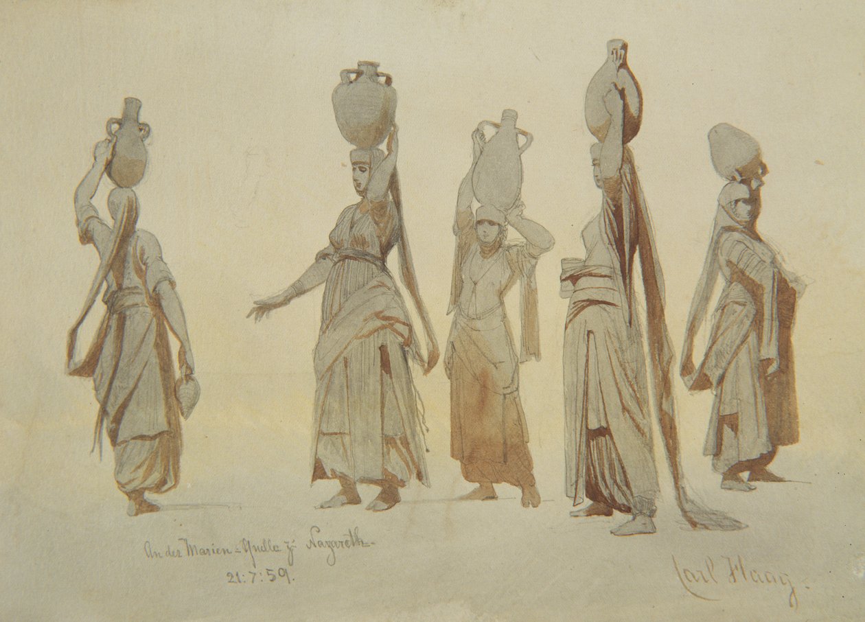 Női vízhordozók, Názáret, 1859 (ceruza és mosás papíron) alkotó: Carl Haag