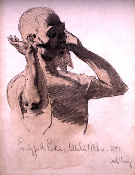 Imádkozó figura, tanulmány a képhez, Allahu Akbar, 1873 (ceruza és akvarell mosás papíron) alkotó: Carl Haag
