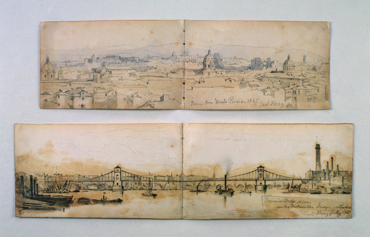 Hungerford függőhíd és Monte Pineio, 1847 (ceruza és mosás papíron) alkotó: Carl Haag
