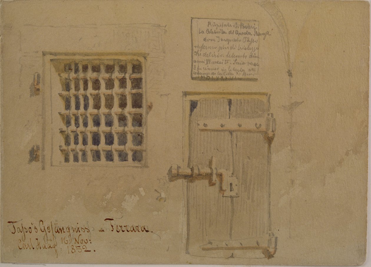 Jasso börtöne Ferrarában, 1852 (ceruza- és WC-mosás papíron) alkotó: Carl Haag