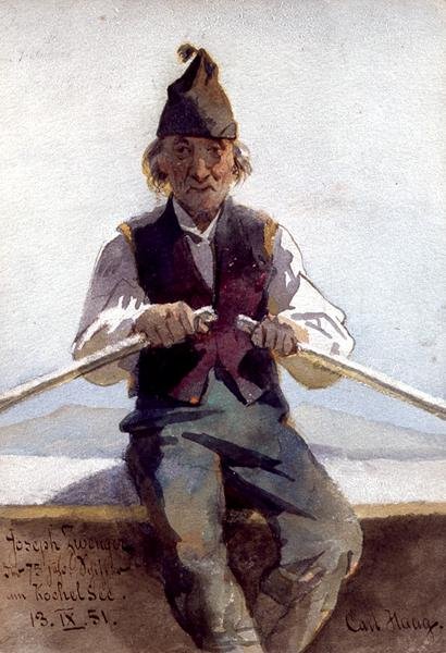 Joseph Zwenger egy evezős csónakban, Bajor Felföld alkotó: Carl Haag