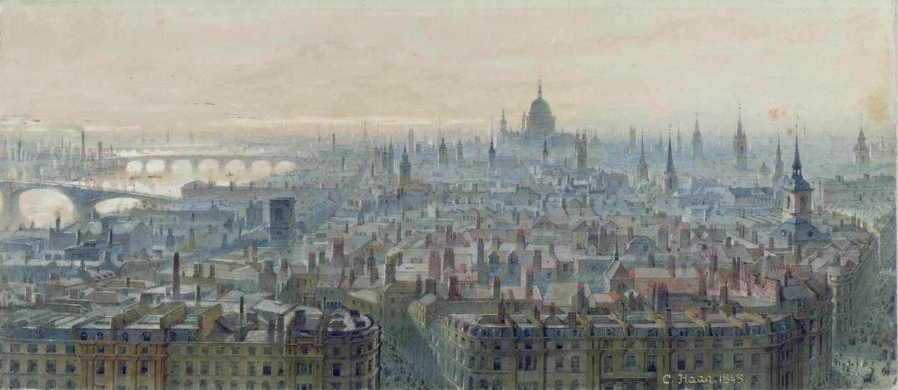 Londoni panoráma az emlékmű tetejéről, nyugat felé nézve, 1848 alkotó: Carl Haag