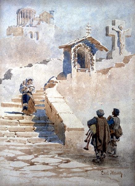 "Pifferari in Tivoli" (akvarell papíron) alkotó: Carl Haag