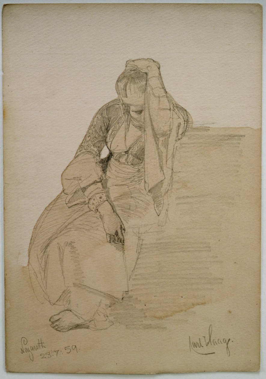 Tanulmány egy ülő hölgyről, Názáret, 1859 (ceruza- és WC-mosás papíron) alkotó: Carl Haag