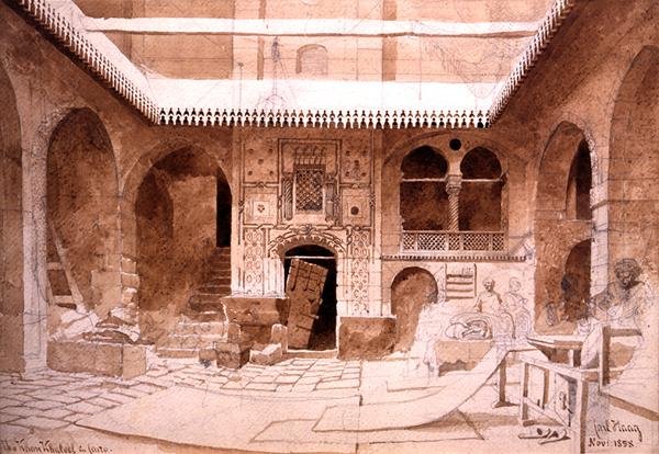 A Chan Chaleel szőnyegbazár Kairóban, 1858 (ceruza és barna mosás papíron) alkotó: Carl Haag