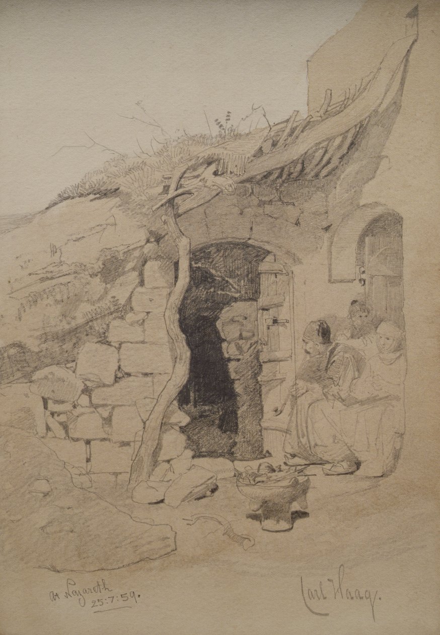 Három figura egy ház előtt ülve, Názáret, 1859 (ceruza és mosás papíron) alkotó: Carl Haag