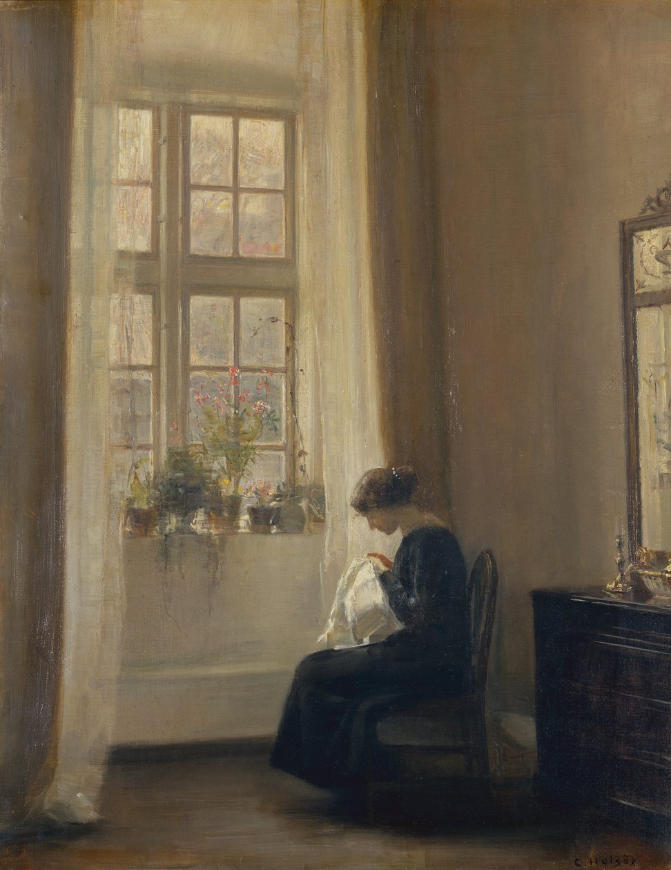 Egy lány varr a belső térben (olaj, vászon) alkotó: Carl Holsoe