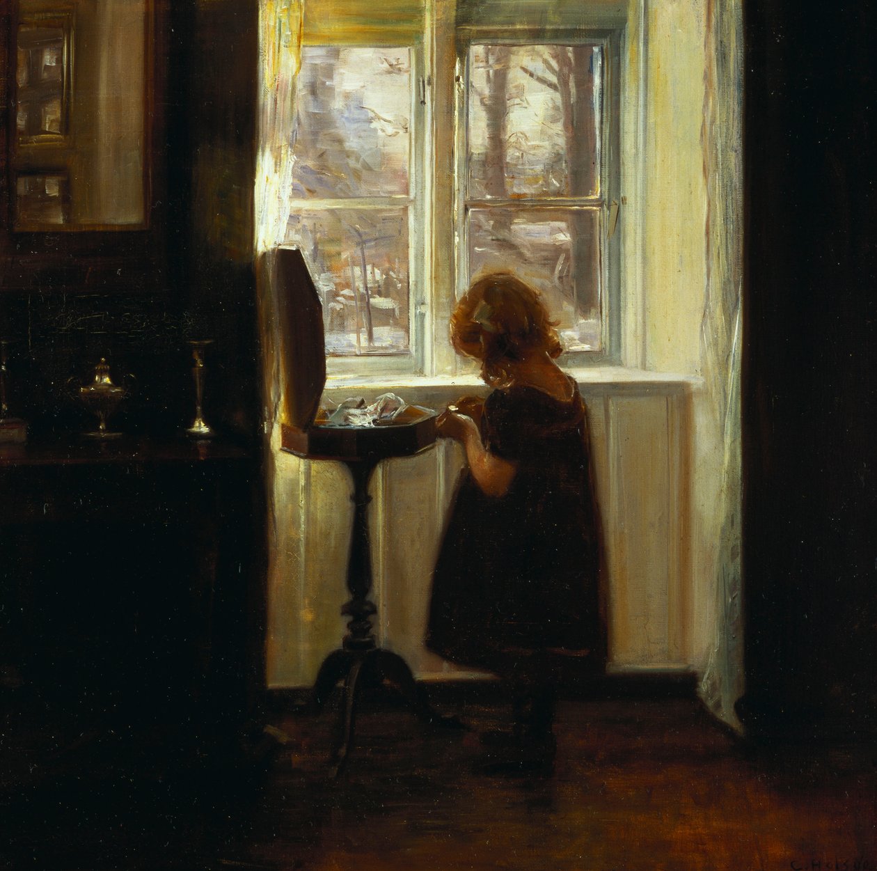 Varróasztal mellett álló lány (olaj, vászon) alkotó: Carl Holsoe