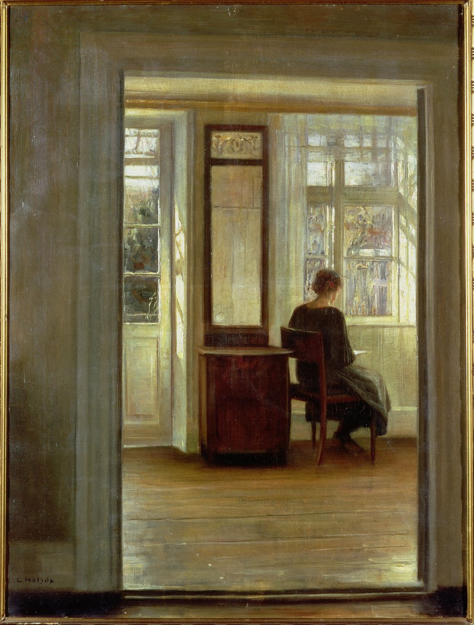 Egy hölgy a belső térben (olaj, vászon) alkotó: Carl Holsoe