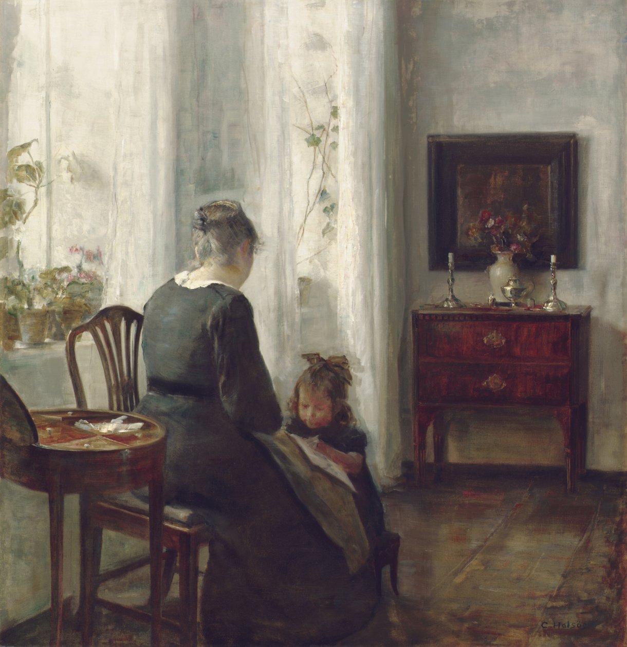 Anya és gyermeke egy belső térben (olaj, vászon) alkotó: Carl Holsoe