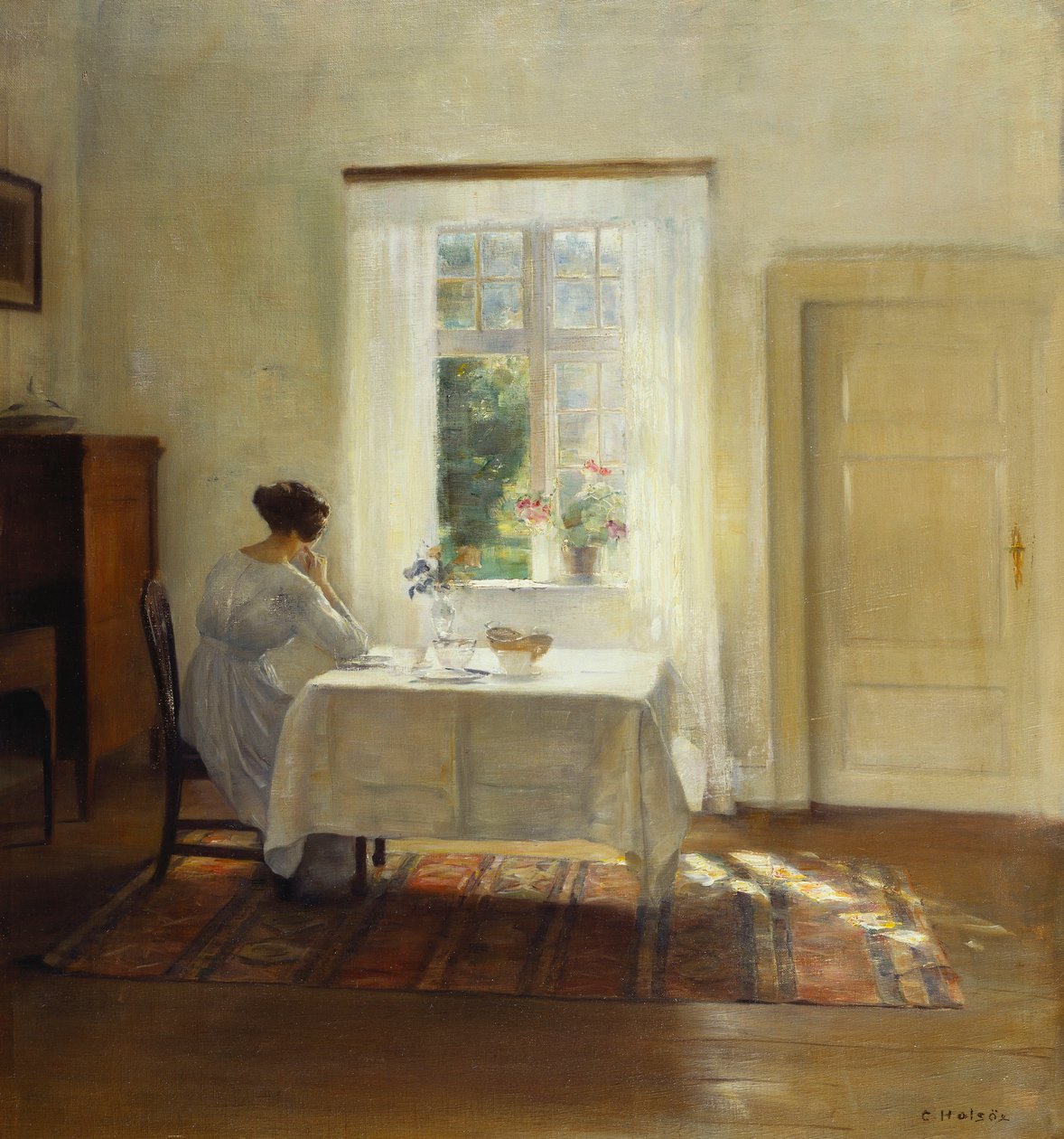 Egy nő ül egy asztalnál az ablak mellett (olaj, vászon) alkotó: Carl Holsoe