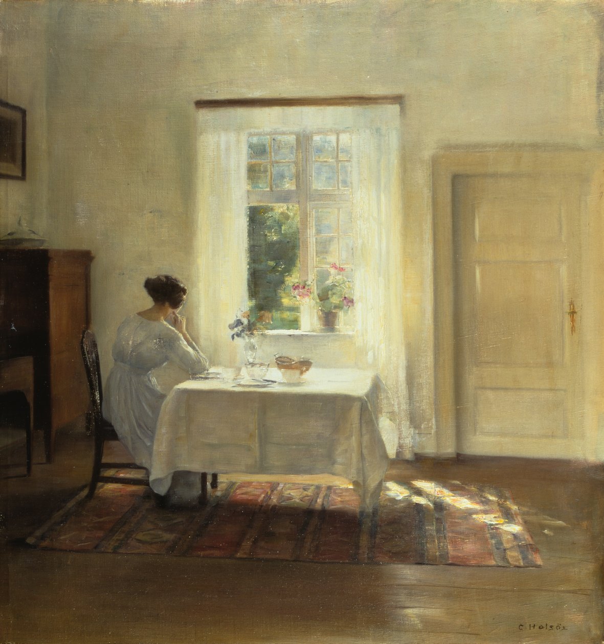 Egy nő ül egy asztalnál az ablak mellett, 1900 körül (olaj, vászon) alkotó: Carl Holsoe