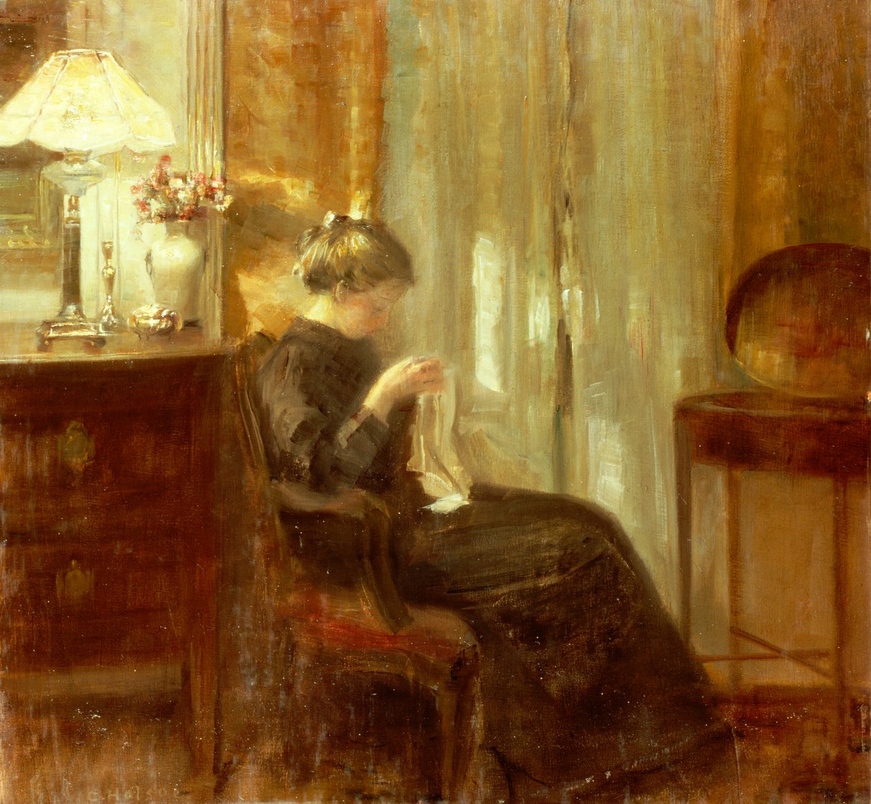 Belsőt varró nő (olaj a panelen) alkotó: Carl Holsoe