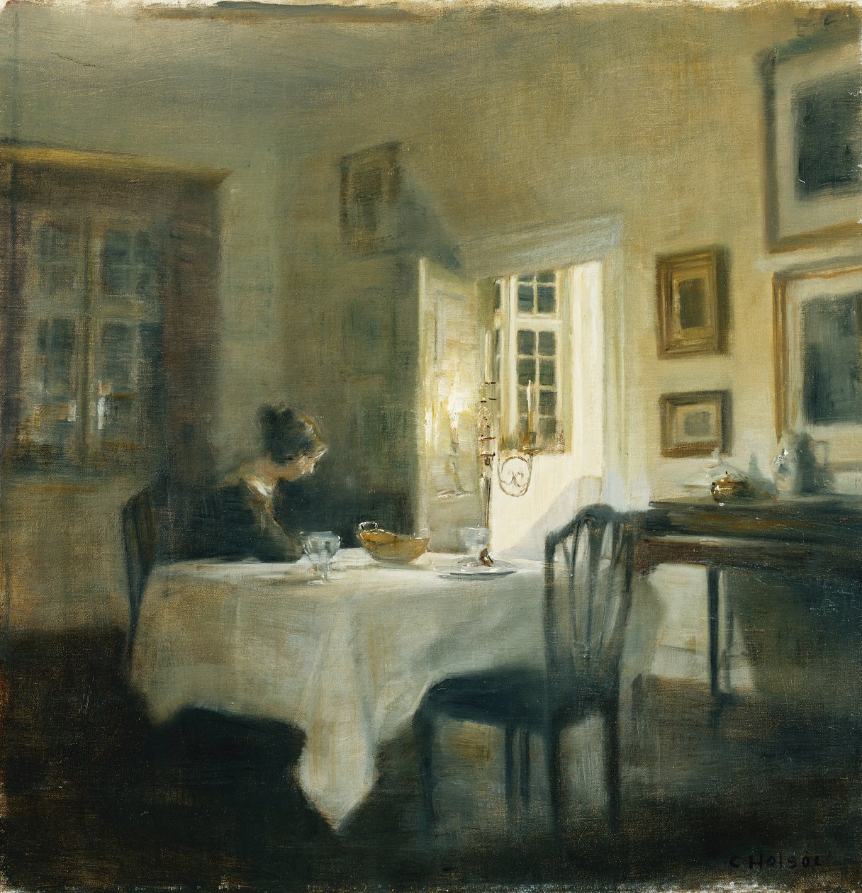 Egy nő egy asztalnál az étkezőben alkotó: Carl Holsoe