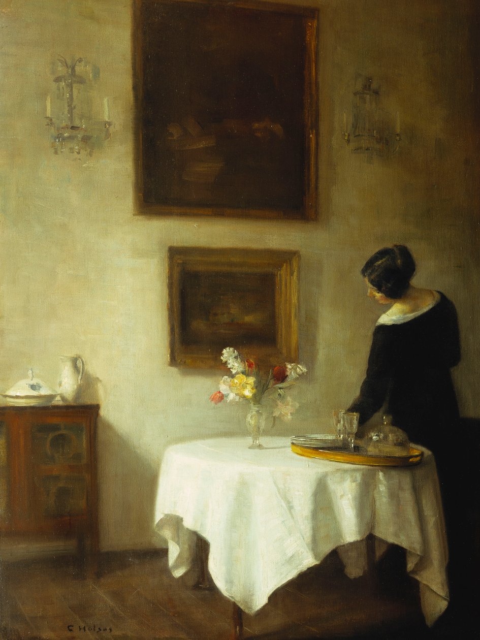 Egy nő az étkezőasztal mellett (olaj, vászon) alkotó: Carl Holsoe
