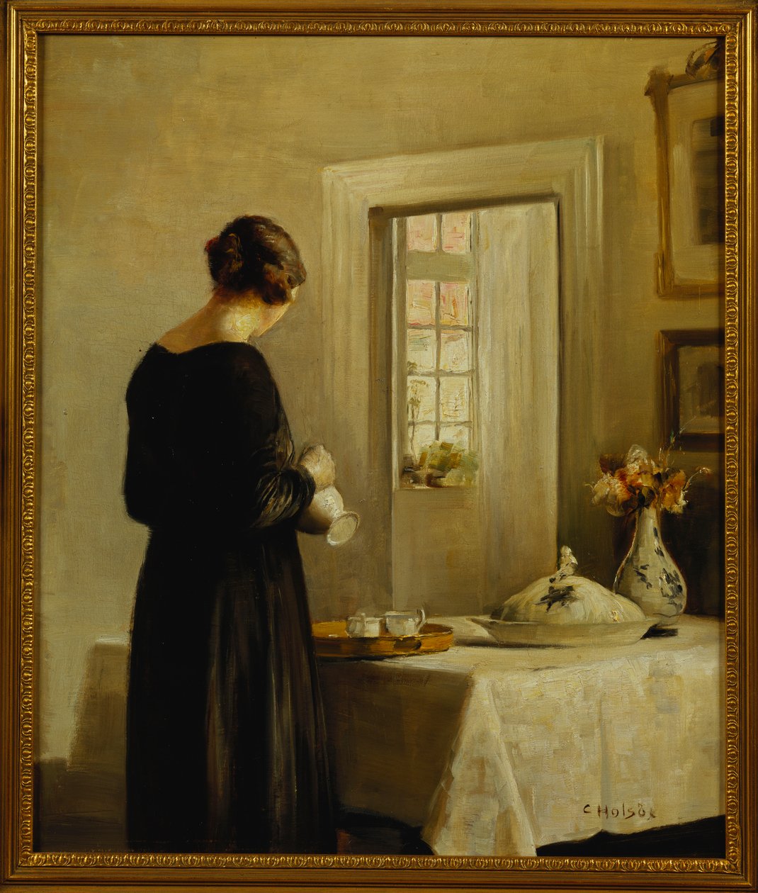 Belső tér egy nővel az asztalnál (olaj, vászon) alkotó: Carl Holsoe