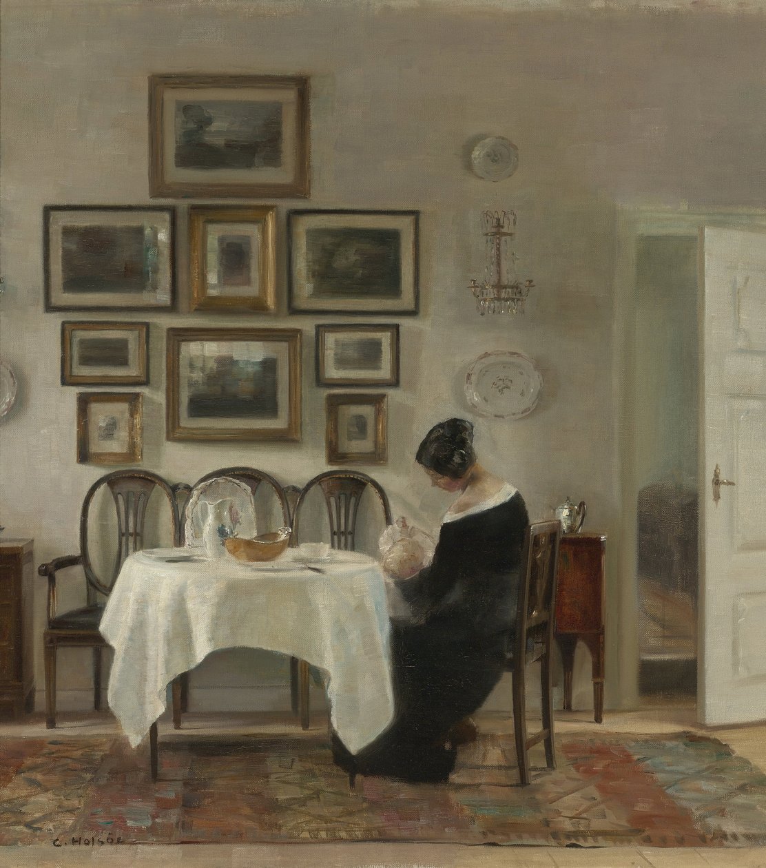 Anya és gyermeke az asztalnál par Holsoe, Carl (1863-1935), - Olaj, vászon, 75,2x68,2 - Magángyűjtemény alkotó: Carl Holsoe