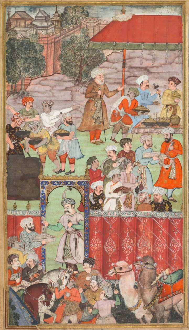 Babur lakoma, amelyet féltestvére, Jahangir Mirza rendezett Ghazniban 1505 májusában, egy Babur-namából (Babur emlékiratai) alkotó: Carl Julius Rieden