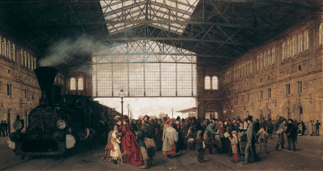Vonat érkezése a bécsi északnyugati pályaudvarra, Karl Karger (1848-1913) alkotó: Carl Karger