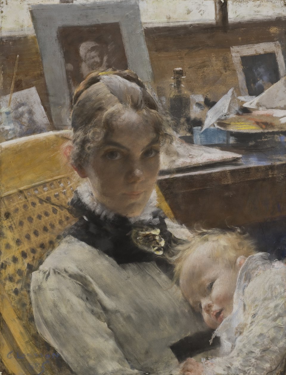 Stúdióidill: A művész felesége és lányuk, Suzanne, 1885 (pasztell) alkotó: Carl Larsson
