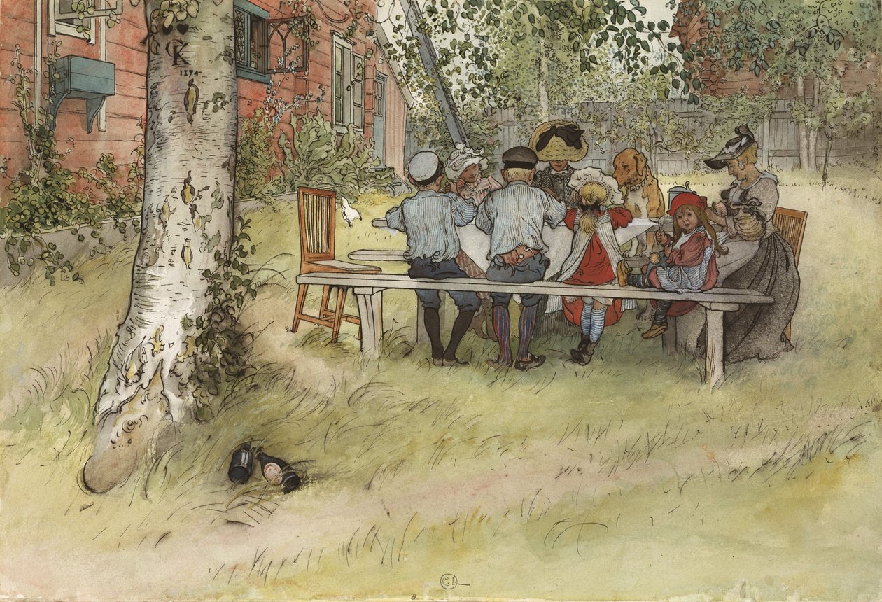 Reggeli a nagy nyír alatt, az Egy otthon sorozatból, 1895 körül (wc papíron) alkotó: Carl Larsson