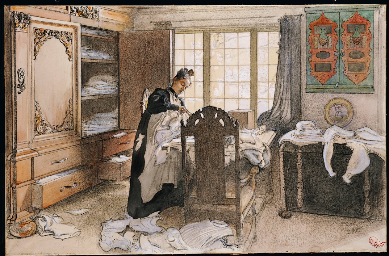 Karin a vászonszekrény mellett, 1906 alkotó: Carl Larsson