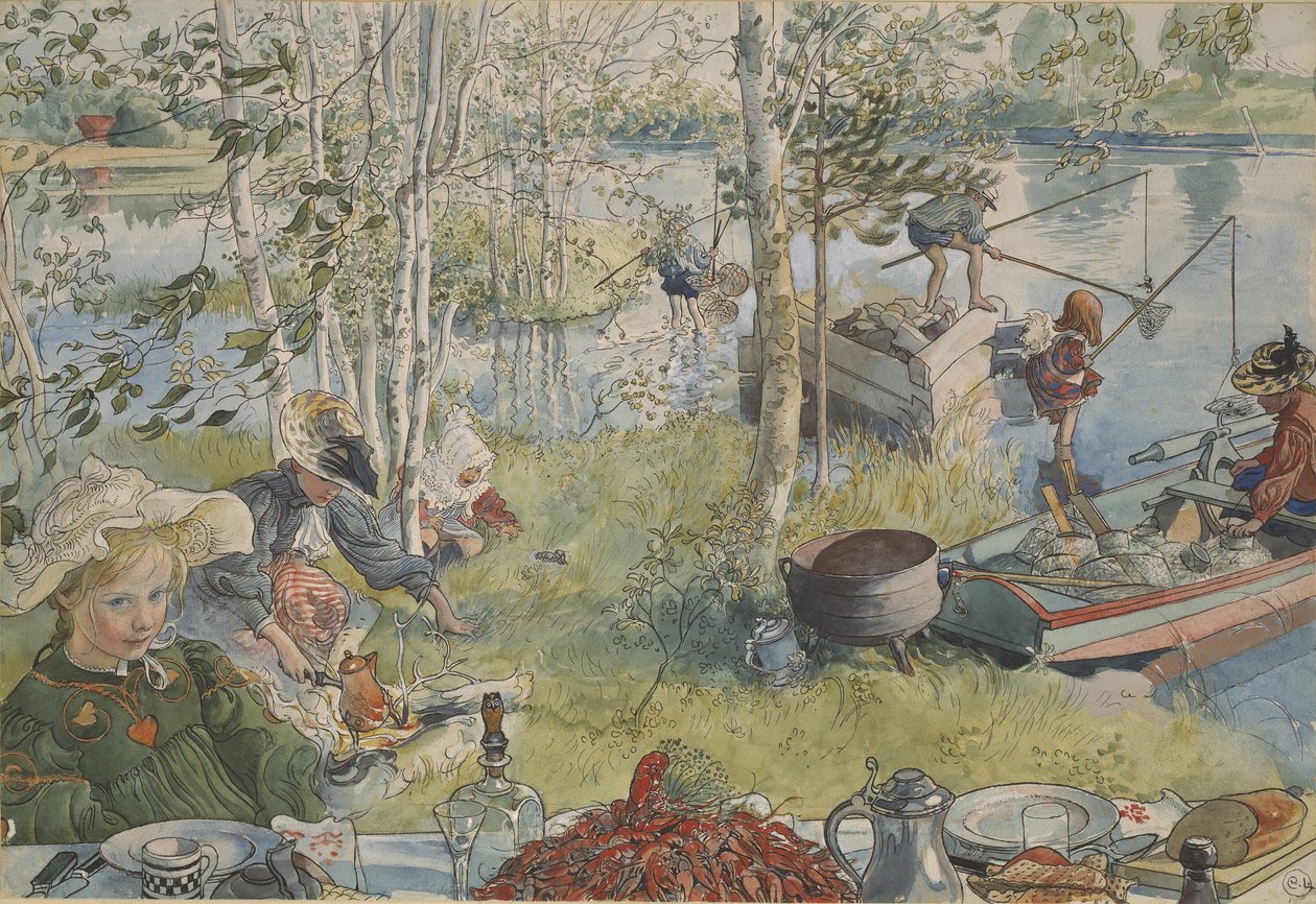La peche aux ecrevisses – Rákhalászat, szerző: Larsson, Carl (1853-1919). Akril színek papíron. Mérete: 32x43 cm. Nemzeti Múzeum Stockholm alkotó: Carl Larsson