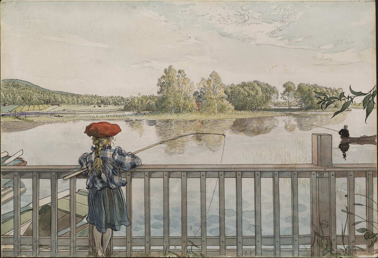 Lisbeth a la peche a la ligne – Lisbeth Angling, szerző: Larsson, Carl (1853-1919). Akvarell és tempera papíron. Mérete: 32x43 cm. Nemzeti Múzeum Stockholm alkotó: Carl Larsson