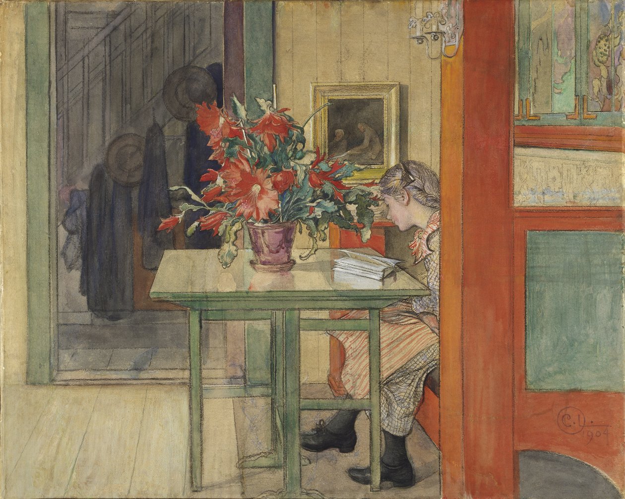 Lisbeth lisant – Lisbeth Reading, szerző: Larsson, Carl (1853-1919). Akvarell és tempera papíron alkotó: Carl Larsson