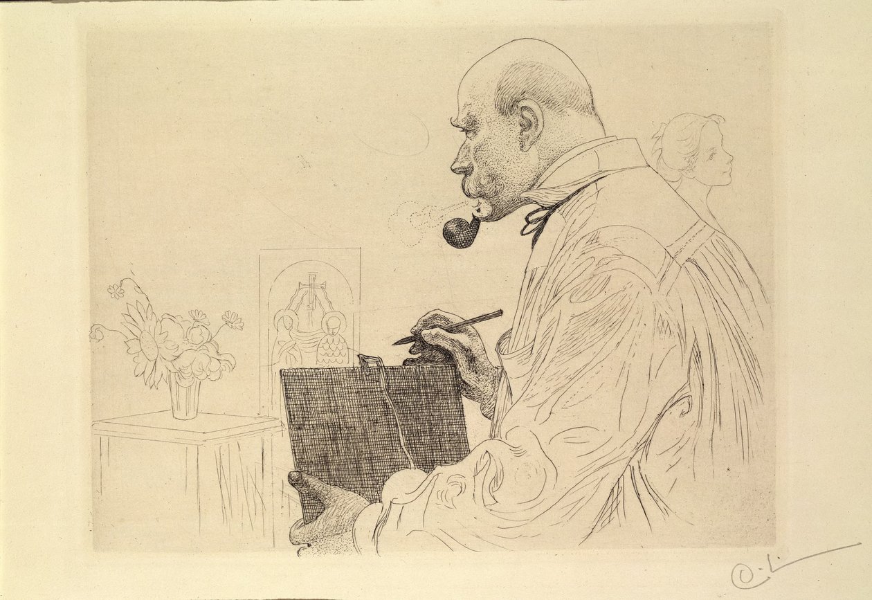 Önarckép rézmetszőként alkotó: Carl Larsson