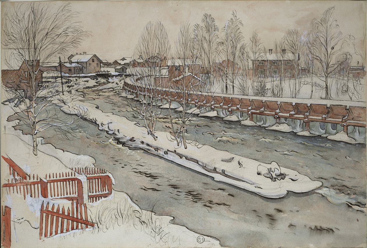 The Timber Chute, Winter Scene, A Home sorozatból, 1895 körül (wc papíron) alkotó: Carl Larsson