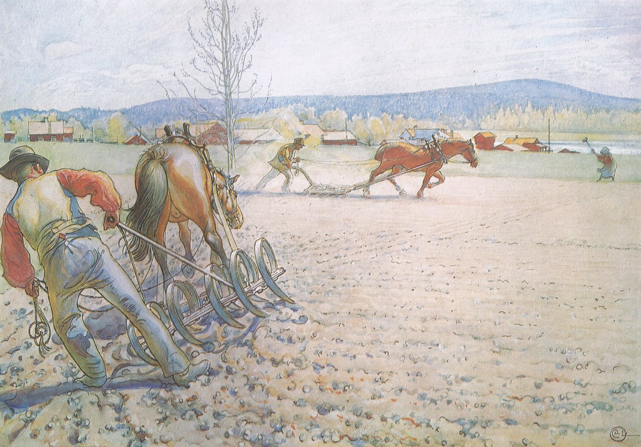 A két férfi a boronájával módszeresen dolgozott ide-oda alkotó: Carl Larsson