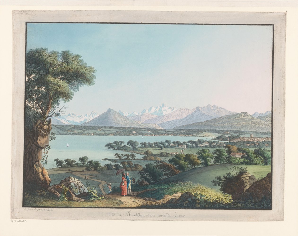 Kilátás Genfre a Mont-Blanccsal a háttérben Kilátás a Mont-Blancra és Genf egy részére (cím a tárgyon) alkotó: Carl Ludwig Hackert