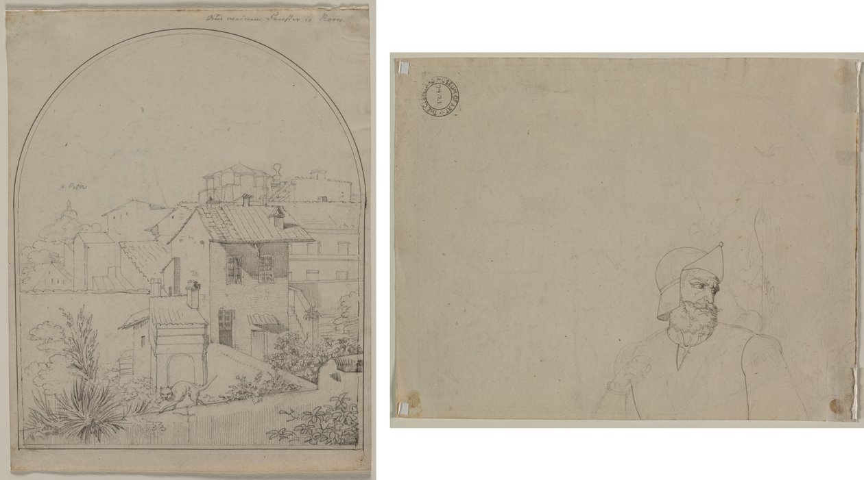Kilátás az ablakomból Rómában (recto) Katona a tájban (verso) alkotó: Carl Ludwig Tischbein