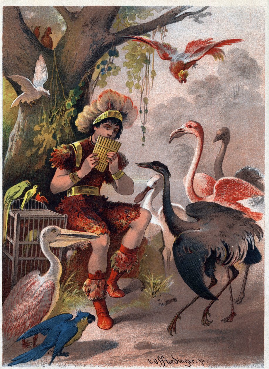 Papageno serpenyős furulyával hozza a madarakat az erdőből. Illusztráció: Carl Offterdinger (1829-1889) „Az elvarázsolt fuvola” című művében (Die Zauberflote, flauto magico, The Magic Flute). Magángyűjtemény. alkotó: Carl Offterdinger