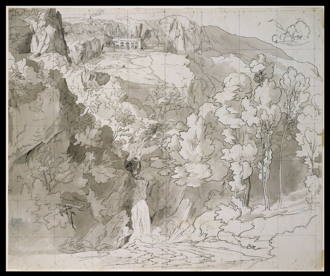Subiaco környékének tájképe vízeséssel és a San Benedetto kolostorral alkotó: Carl Philipp Fohr