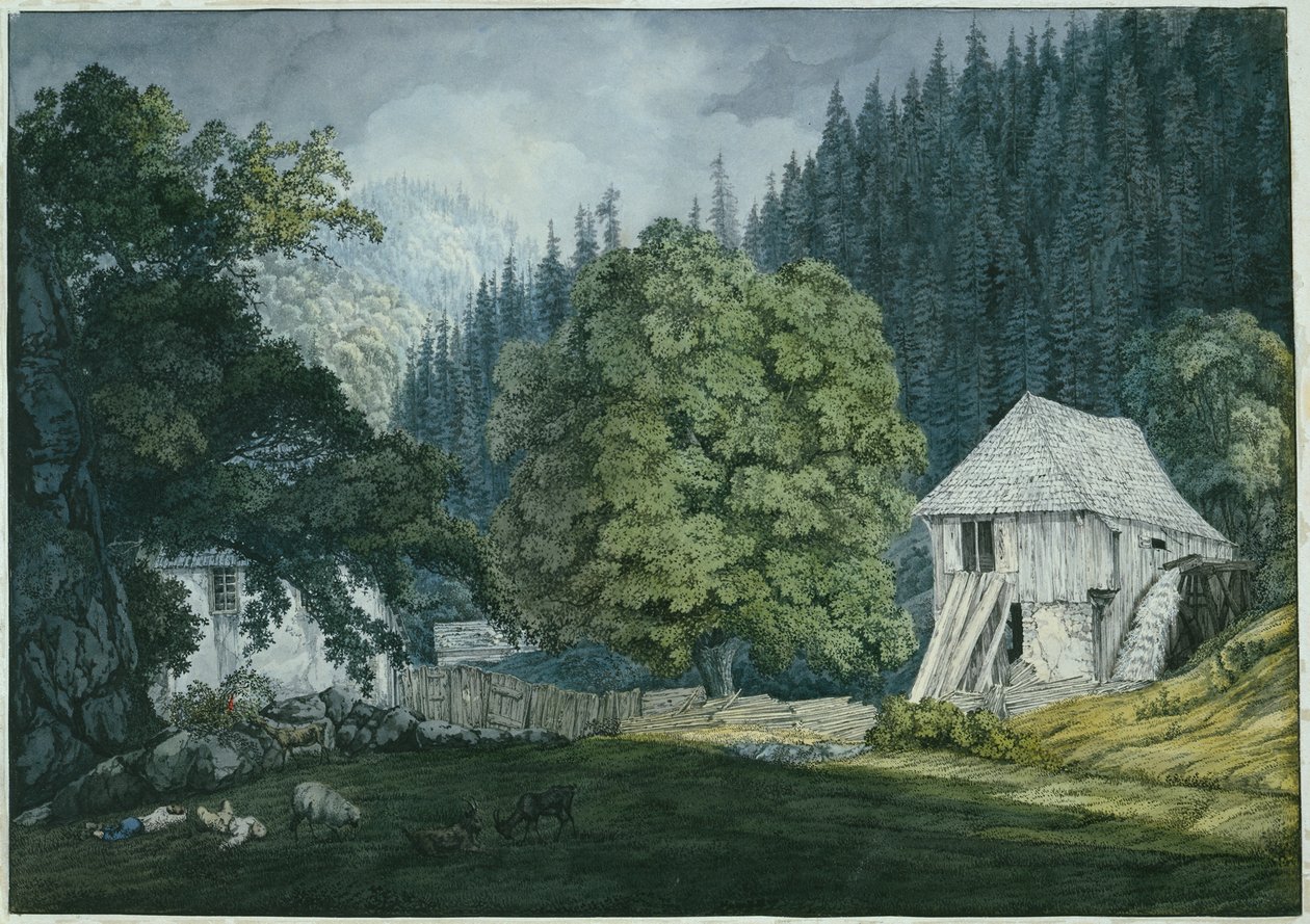 Schneidemühle a Beuerner Thale-ben (8. lap a Baden környéki vázlatfüzetből) alkotó: Carl Philipp Fohr