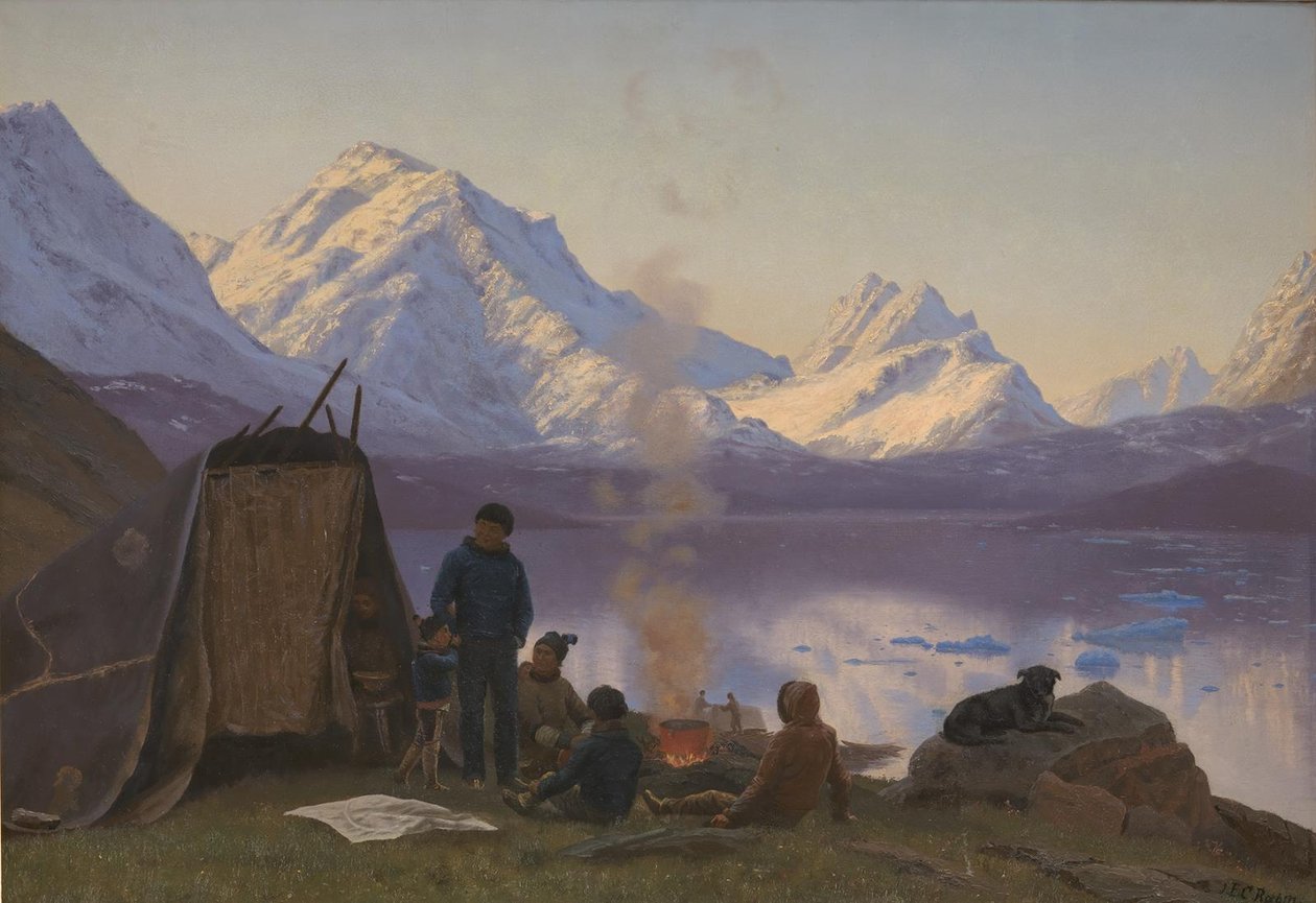 Grönlandi település egy fjord mellett. Nyár alkotó: Carl Rasmussen