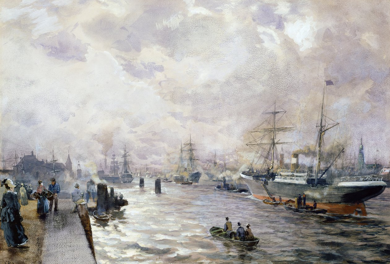 Vitorlás hajók Hamburg kikötőjében, 1889 (wc és gouache papíron) alkotó: Carl Rodeck